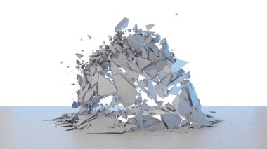 Beton duvar binlerce küçük parçaya ayrılır. Çatlak toprak, soyut arka plan. Patlama, yıkım, kırık, beton duvar. Beyaz arka planda yalıtılmış, 3d Rendering