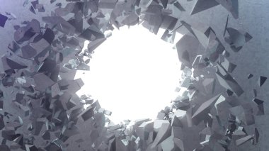 Küçük parçalarhalinde kırık beton duvar. Çatlak toprak, delik hacim ışık ışınları ile soyut arka plan. Patlama, yıkım, kırık, beton duvar. Beyaz arka planda izole edilmiş. 3d Rendering