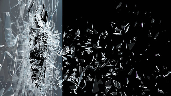 Abstract broken glass into pieces. Wall of glass shatters into small pieces. Place for your banner, advertisement. Explosion caused the destruction of glass. 3d illustration