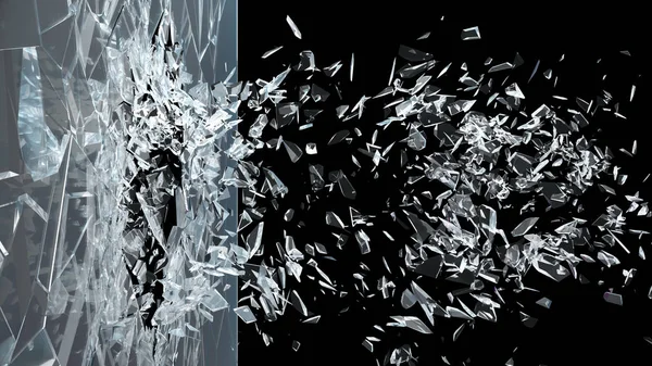 ガラスを粉々に砕く。ガラスの壁が小さく粉々に砕け散る。バナー、広告の場所。爆発はガラスの破壊を引き起こした。3Dイラスト — ストック写真