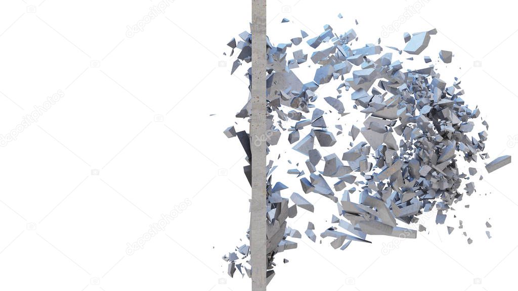 Concrete wall shatters into thousands of small pieces. Cracked earth, abstract background. Explosion, destruction, broken, concrete wall. Isolated on white background, 3D Rendering