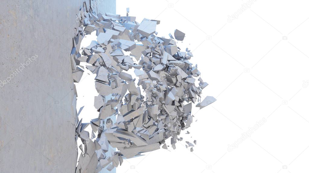 Concrete wall shatters into thousands of small pieces. Cracked earth, abstract background. Explosion, destruction, broken, concrete wall. Isolated on white background, 3D Rendering