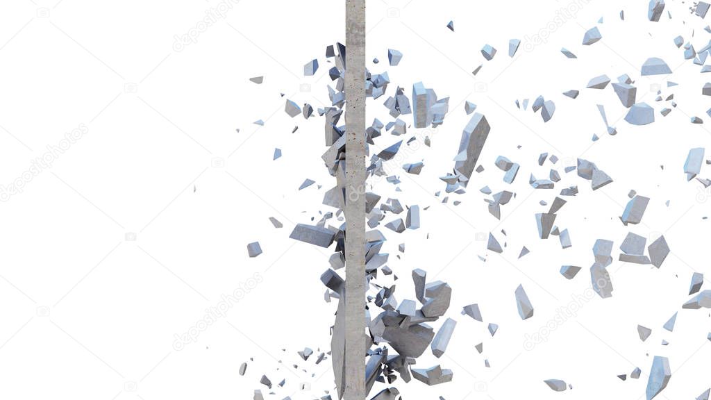 Concrete wall shatters into thousands of small pieces. Cracked earth, abstract background. Explosion, destruction, broken, concrete wall. Isolated on white background, 3D Rendering