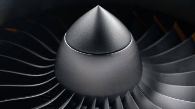 3d illüstrasyon jet motoru, yakın çekim görünüm jet motoru bıçakları. Turbojet'in döner bıçakları. Uçağın bir parçası. Uçlarında bıçaklar turuncu boyalı