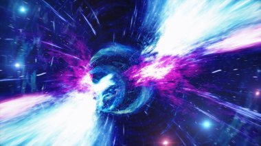 Milyonlarca yıldız ve bulutsuyla dolu zaman ve uzayda bir solucan deliğinden geçerek seyahat edin. Solucan deliği uzay deformasyonu, bilim kurgu. Kara delik. Girdap hiperuzay tüneli. 3d illüstrasyon