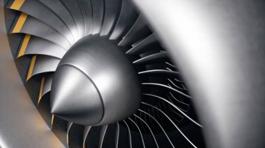 3d illüstrasyon jet motoru, yakın çekim görünüm jet motoru bıçakları. Turbojet'in döner bıçakları. Uçağın bir parçası. Uçlarında bıçaklar turuncu boyalı