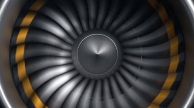 Jet motoru, yakın çekim görüş bıçakları. Uçlarında motor bıçakları turuncuya boyanmış. Jet motor bıçakları hareket halinde. Uçağın bir parçası. 3d illüstrasyon