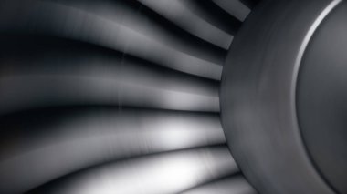 Jet motoru, yakın çekim görüş bıçakları. Jet motoru hareket halinde. Uçağın bir parçası. 3d illüstrasyon