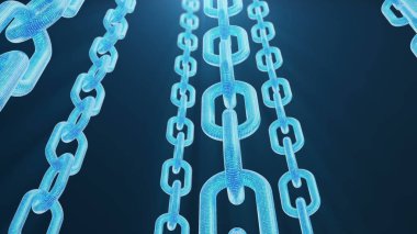 3d render dijital blockchain kodu. Zincir bağlantıları ağı. Mavi arka plan. Ağ Kavramı, kripto para internet iletişimi. Zincirler üzerinde ikili kod