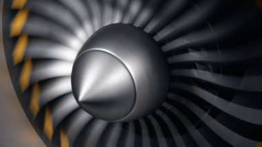 Jet motoru, yakın çekim görüş bıçakları. Uçlarında motor bıçakları turuncuya boyanmış. Jet motor bıçakları hareket halinde. Uçağın bir parçası. 3d illüstrasyon