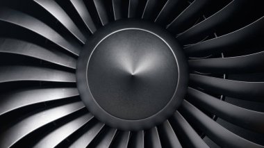 3d illüstrasyon jet motoru, yakın çekim görünüm jet motoru bıçakları. Jet motoru kanatlarının ön görünümü. Turbojet'in döner bıçakları. Uçağın bir parçası. Uçlarında bıçaklar turuncu boyalı