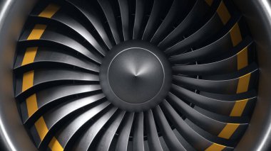 3d illüstrasyon jet motoru, yakın çekim görünüm jet motoru bıçakları. Jet motoru kanatlarının ön görünümü. Turbojet'in döner bıçakları. Uçağın bir parçası. Uçlarında bıçaklar turuncu boyalı