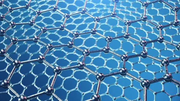 3d 石墨烯或碳表面的插图结构，抽象纳米技术六边形几何形式特写，概念石墨烯原子结构，概念石墨烯分子结构. — 图库照片