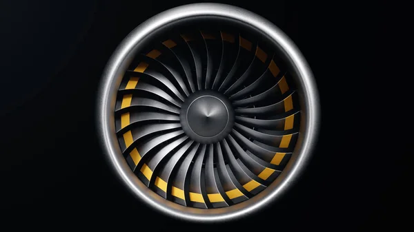 3D illustratie straalmotor, close-up weergave straalmotor Blades. Geïsoleerd op zwarte achtergrond straalmotor. Roterende messen van de turbojet. Onderdeel van het vliegtuig. Messen aan de uiteinden gelakt oranje — Stockfoto