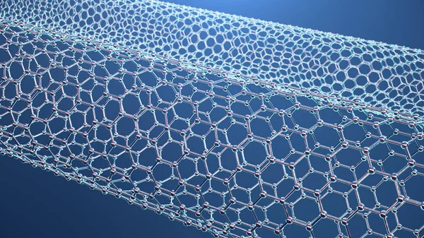 3D απεικόνιση της δομής του σωλήνα γραφενίου, αφηρημένη νανοτεχνολογία εξαγωνική γεωμετρική μορφή κοντινό-up, concept γραφένιο ατομική δομή, concept γραφενίου μοριακή δομή. Σωλήνας άνθρακα — Φωτογραφία Αρχείου