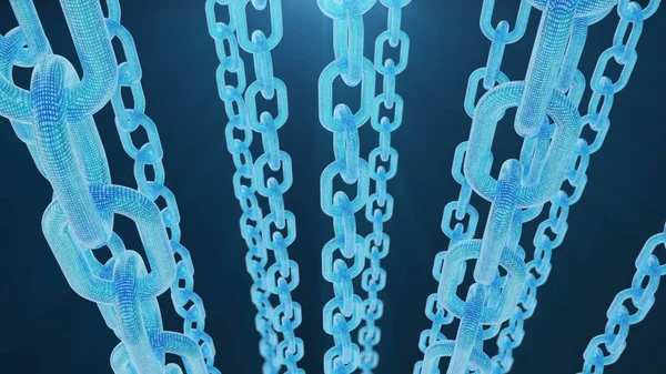 3D-Rendering digitaler Blockchain-Code. Kettenglieder-Netzwerk. blauer Hintergrund. Konzept des Netzwerks, Kryptowährungen Internet-Kommunikation. binärer Code auf Ketten — Stockfoto