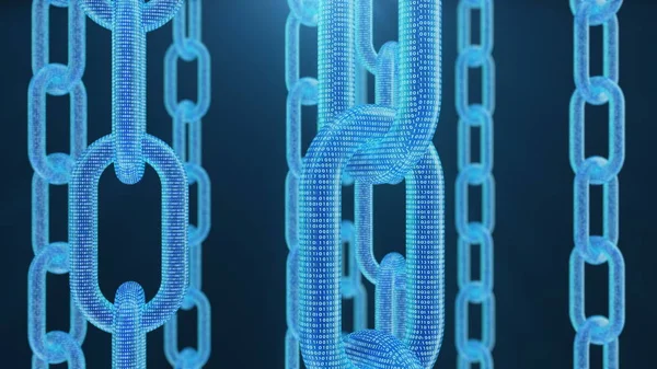 3d render dijital blockchain kodu. Zincir bağlantıları ağı. Mavi arka plan. Ağ Kavramı, kripto para internet iletişimi. Zincirler üzerinde ikili kod — Stok fotoğraf