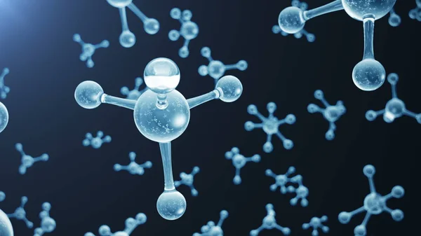Estructura de la molécula de renderizado 3D. Formación médica científica con átomos y moléculas. Fondo azul. Fondo científico sin fisuras, animación en bucle. Molécula compuesta por elementos químicos de átomos . —  Fotos de Stock