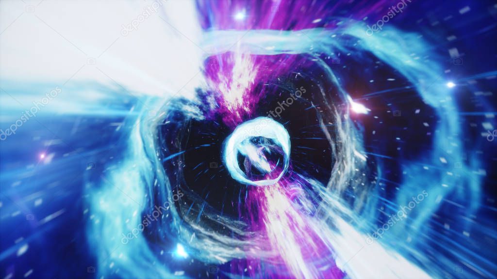 Travel through a wormhole through time and space filled with millions of stars and nebulae. Wormhole space deformation, science fiction. Black hole. Vortex hyperspace tunnel. 3D illustration