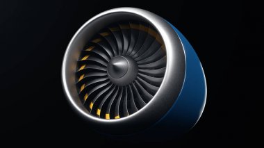 3d illüstrasyon jet motoru, yakın çekim görünüm jet motoru bıçakları. Siyah arka plan jet motoru üzerinde izole. Turbojet'in döner bıçakları. Uçağın bir parçası. Uçlarında bıçaklar turuncu boyalı