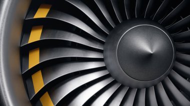 3d illüstrasyon jet motoru, yakın çekim görünüm jet motoru bıçakları. Jet motoru kanatlarının ön görünümü. Turbojet'in döner bıçakları. Uçağın bir parçası. Uçlarında bıçaklar turuncu boyalı