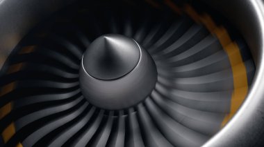 Jet motoru, yakın çekim görüş bıçakları. Uçlarında motor bıçakları turuncuya boyanmış. Jet motor bıçakları hareket halinde. Uçağın bir parçası. 3d illüstrasyon