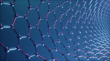 Grafen tüp 3d İllüstrasyon yapısı, soyut nanoteknoloji altıgen geometrik form yakın çekim, kavram grafen atomik yapısı, kavram grafen moleküler yapısı. Karbon tüp