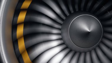 Jet motoru, yakın çekim görüş bıçakları. Uçlarında motor bıçakları turuncuya boyanmış. Jet motor bıçakları hareket halinde. Uçağın bir parçası. 3d illüstrasyon