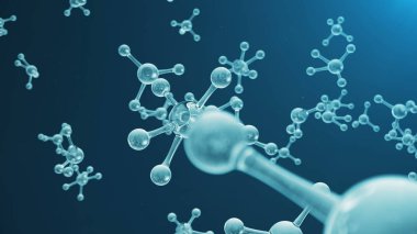 3d render molekül yapısı. Atomlar ve moleküller ile bilimsel tıbbi arka plan. Mavi arka plan. Afişiniz için bilimsel animasyon, metin. Molekül atomların kimyasal elementinden oluşur