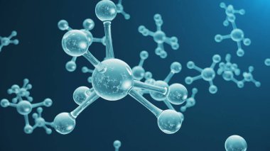 3d render molekül yapısı. Atomlar ve moleküller ile bilimsel tıbbi arka plan. Mavi arka plan. Afişiniz için bilimsel animasyon, metin. Molekül atomların kimyasal elementinden oluşur