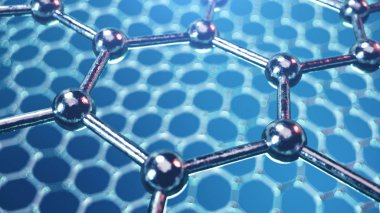 Grafen veya karbon yüzeyinin 3boyutlu İllüstrasyon yapısı, soyut nanoteknoloji altıgen geometrik form yakın çekim, kavram grafen atomik yapısı, kavram grafen moleküler yapısı.