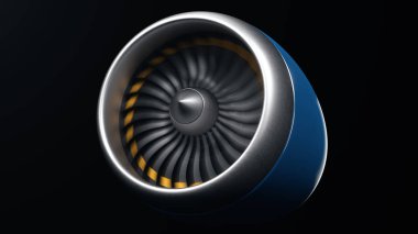 Jet motoru, yakın çekim görüş bıçakları. Uçlarında motor bıçakları turuncuya boyanmış. Jet motoru hareket halinde, siyah arka plan üzerinde izole edilmiş. Uçağın bir parçası. 3d illüstrasyon