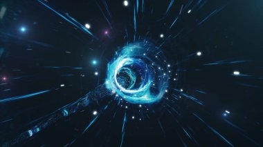 Milyonlarca yıldız ve bulutsuyla dolu zaman ve uzayda bir solucan deliğinden geçerek seyahat edin. Solucan deliği uzay deformasyonu, bilim kurgu. Kara delik. Girdap hiperuzay tüneli. 3d illüstrasyon