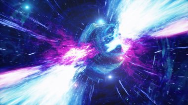 Milyonlarca yıldız ve bulutsuyla dolu zaman ve uzayda bir solucan deliğinden geçerek seyahat edin. Solucan deliği uzay deformasyonu, bilim kurgu. Kara delik. Girdap hiperuzay tüneli. 3d illüstrasyon