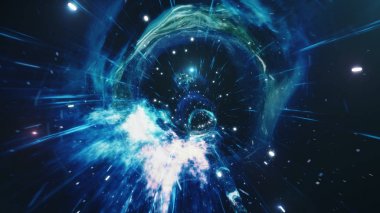 Milyonlarca yıldız ve bulutsuyla dolu zaman ve uzayda bir solucan deliğinden geçerek seyahat edin. Solucan deliği uzay deformasyonu, bilim kurgu. Kara delik. Girdap hiperuzay tüneli. 3d illüstrasyon