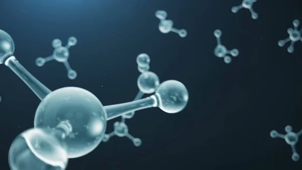 3D renderelés molekulastruktúra. Tudományos orvosi háttér atomok és molekulák. Kék háttér. Tudományos animáció a bannerhez, szöveghez. Molekula kémiai elem atomokból áll — Stock Fotó