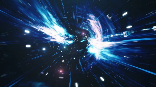 Viaggia attraverso un wormhole attraverso il tempo e lo spazio pieno di milioni di stelle e nebulose. Deformazione spaziale nei tunnel spaziali, fantascienza. Un buco nero. Tunnel iperspaziale Vortex. Illustrazione 3D — Foto Stock