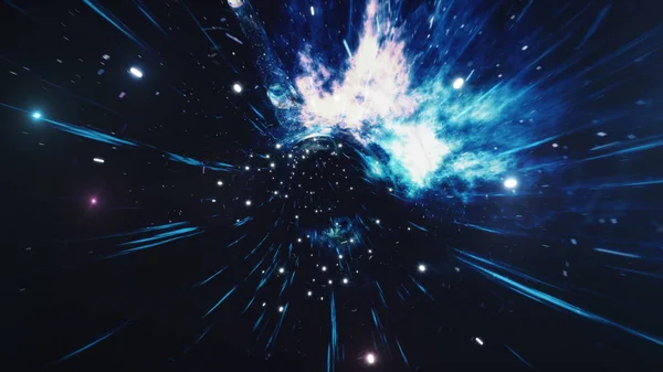 Reise durch ein Wurmloch durch Zeit und Raum, gefüllt mit Millionen von Sternen und Nebeln. Wurmloch Raumdeformation, Science Fiction. Schwarzes Loch. Wirbel-Hyperraum-Tunnel. 3D-Illustration — Stockfoto