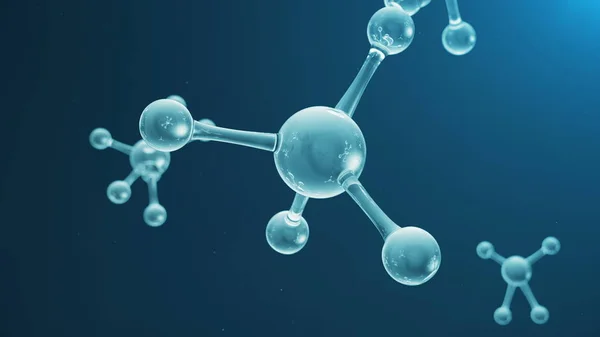 Structure des molécules de rendu 3D. Expérience médicale scientifique avec des atomes et des molécules. Fond bleu. Animation scientifique pour votre bannière, texte. Molécule se compose d'atomes élément chimique — Photo