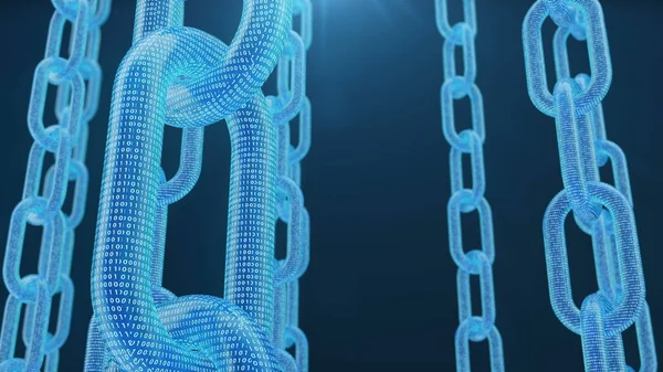 3D vykreslování kódu digitálního blokřetězce. Síť propojení řetězů. Modrý pozadí. Koncepce sítě, kryptoměnami internetová komunikace. Binární kód na řetězech — Stock fotografie