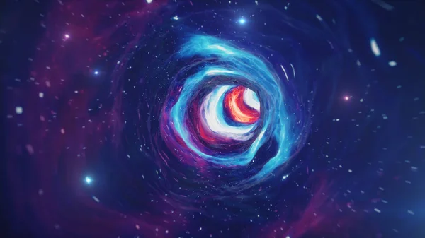 Viaggia attraverso un wormhole attraverso il tempo e lo spazio pieno di milioni di stelle e nebulose. Deformazione spaziale nei tunnel spaziali, fantascienza. Un buco nero. Tunnel iperspaziale Vortex. Illustrazione 3D — Foto Stock