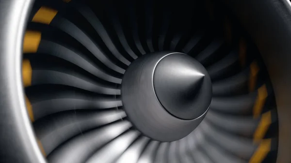 Jet engine, close-up view blades. Engine blades at the ends painted orange. Jet engine blades in motion. Part of the airplane. 3D illustration — Stock Photo, Image