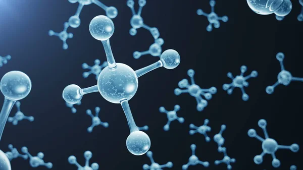 3D-Darstellung Molekülstruktur. wissenschaftlicher medizinischer Hintergrund mit Atomen und Molekülen. blauer Hintergrund. nahtloser wissenschaftlicher Hintergrund, geloopte Animation. Molekül besteht aus Atomen chemisches Element. — Stockfoto