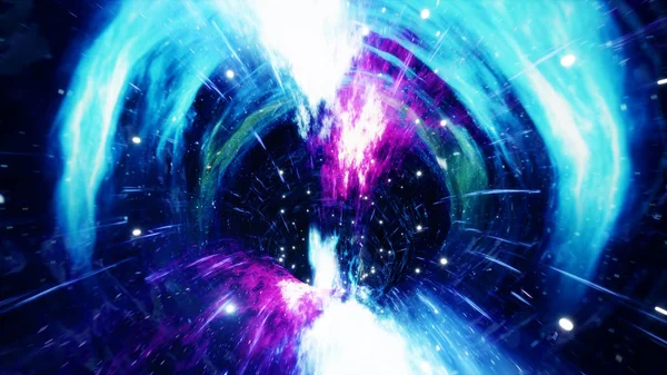 Reise durch ein Wurmloch durch Zeit und Raum, gefüllt mit Millionen von Sternen und Nebeln. Wurmloch Raumdeformation, Science Fiction. Schwarzes Loch. Wirbel-Hyperraum-Tunnel. 3D-Illustration — Stockfoto