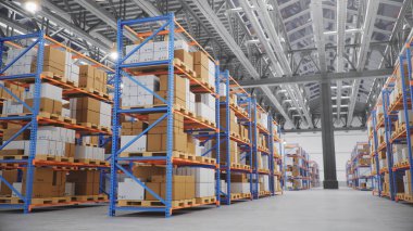 Warehouse with cardboard boxes inside on pallets racks, logistic clipart