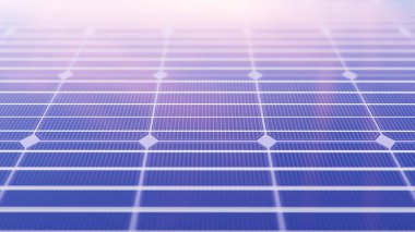 Gün batımında güneş panelleri. Alternatif enerji. Ekolojik, temiz enerji. Fotovoltaik güneş panelleri, güzel bir akşam gökyüzünün yansıması. Çöldeki güneş panelleri. 3d illüstrasyon