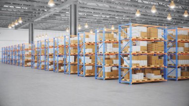 İçinde karton kutular olan bir depo. Palet rafları, lojistik.