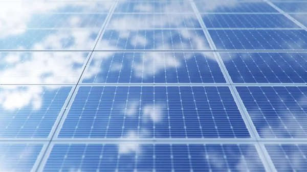 Zonnepanelen. Alternatieve energie. Het concept hernieuwbare energie. Ecologische, schone energie. Fotovoltaïsche zonnepanelen, met reflectie van een prachtige blauwe hemel. Zonnepanelen in de woestijn. 3d illustratie — Stockfoto