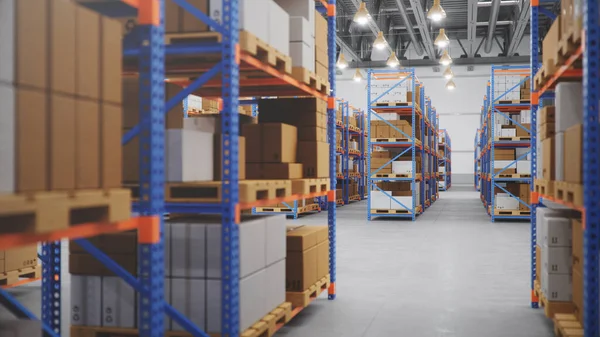 Warehouse with cardboard boxes inside on pallets racks, logistic — Stok Foto