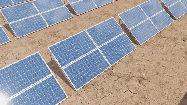 Painéis solares. Energia alternativa. Conceito de energia renovável. Ecológica, energia limpa. Painéis solares fotovoltaicos, com reflexo de um belo céu azul. Painéis solares no deserto. Ilustração 3D — Fotografia de Stock